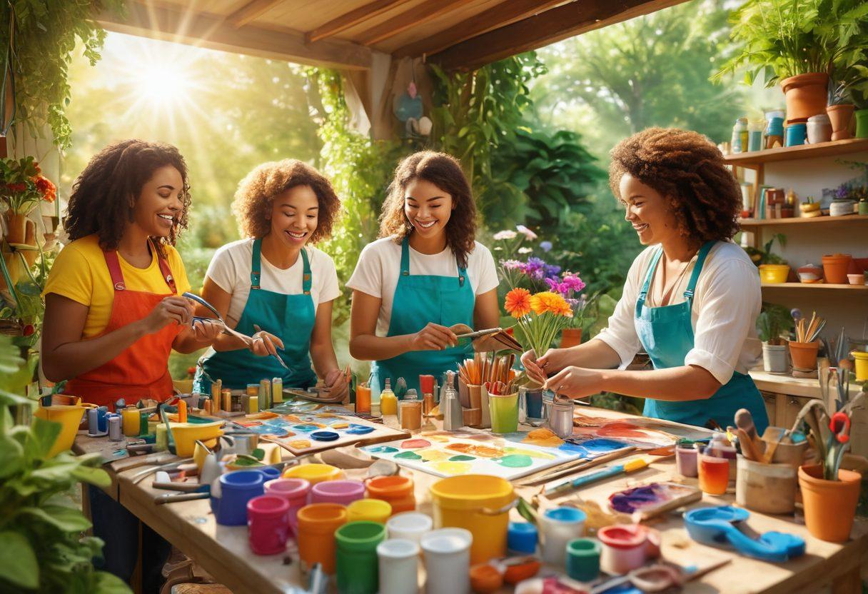 A vibrant scene depicting a diverse group of enthusiastic hobbyists engaged in various recreational activities like painting, gardening, and crafting, surrounded by colorful tools and materials, with a bright sun shining down creating a joyful atmosphere. The background has lush greenery and blooming flowers to symbolize nature's inspiration. super-realistic. vibrant colors. bright background.
