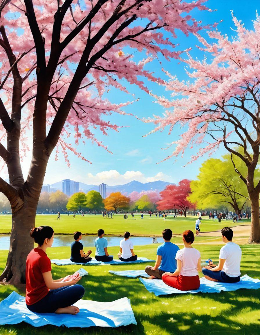 depict a serene park scene with diverse individuals engaging in various joyful recreational activities such as painting, playing frisbee, meditating, and enjoying picnics under blooming cherry blossom trees. Include warm sunlight filtering through the leaves, creating a cheerful atmosphere filled with laughter and vibrant colors. super-realistic. vibrant colors. soft focus.