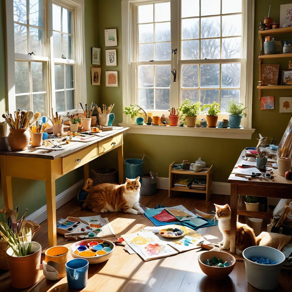 A vibrant scene depicting a lively workshop filled with various creative hobbies, such as painting, pottery, and music. Include joyful individuals engaged in different activities, with colorful supplies around them. Soft sunlight streaming in through large windows enhances the artistic atmosphere. Add playful elements like a cat lounging on a windowsill and a corkboard with inspiring quotes. bright colors. super-realistic. warm lighting.
